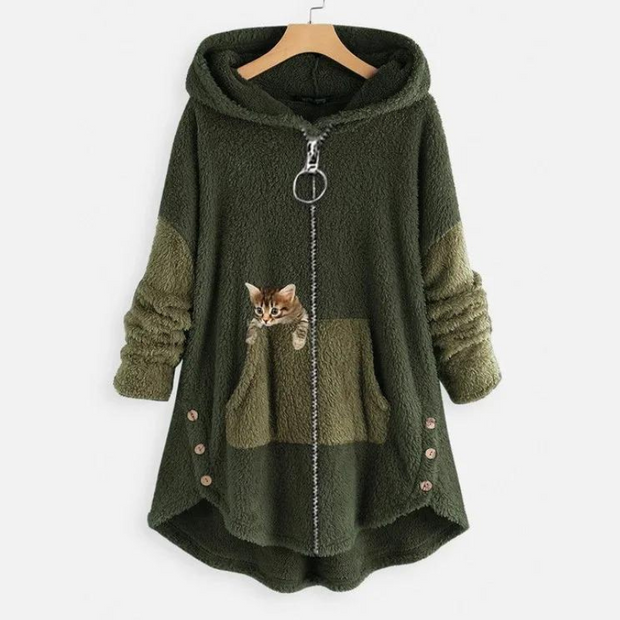 Sage™ - Mjuk Plysch Hoodiejacka Med Söt Kattprint